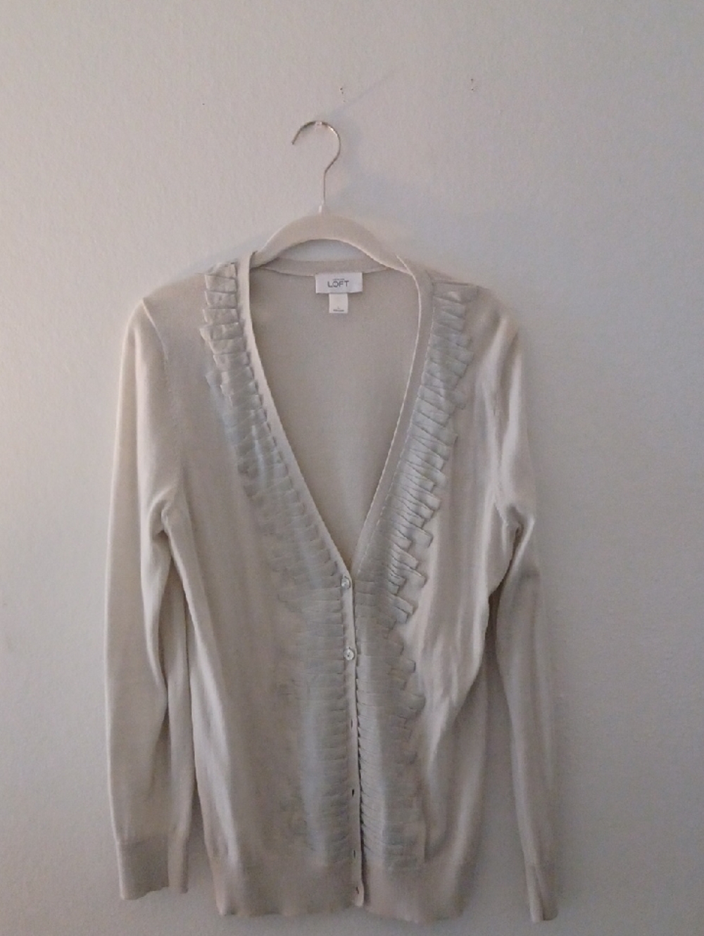 Ann Taylor LOFT Cream V-Neck Cardigan with Ruffle Trim